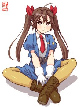 1girl artist_logo blue_skirt boots brown_boots brown_eyes brown_hair brown_pantyhose commentary_request cosplay dated full_body gloves hair_between_eyes hair_ribbon highres indian_style kanon_(kurogane_knights) kantai_collection lace-up_boots logo long_hair mio_sasuga mio_sasuga_(cosplay) necktie pantyhose red_necktie ribbon simple_background sitting skirt solo super_robot_wars super_robot_wars_the_lord_of_elemental tone_(kancolle) twintails white_background white_gloves
