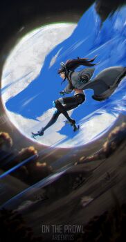 1girl animal_ear_headphones animal_ears background_request black_hair black_shirt coat commentary crop_top english_commentary english_text fake_animal_ears full_body grey_coat haonfest headphones highres long_hair mechanical_arms mechanical_legs original ponytail shirt solo wolf yellow_eyes