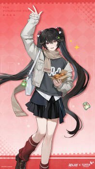 Rule 34 | 1girl, arm up, bag, black hair, black skirt, brown scrunchie, brown shoes, chicken (food), commentary request, food, fried chicken, grey jacket, hair ornament, hairclip, highres, holding, jacket, knit socks, korean commentary, loafers, long hair, lucia (pgr), official art, open clothes, open jacket, open mouth, punishing: gray raven, red eyes, red socks, scrunchie, shirt, shoes, shoulder bag, skirt, smile, socks, solo, standing, teeth, twintails, upper teeth only, very long hair, white bag, winter clothes