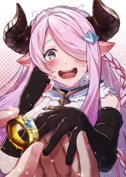 absurdres granblue_fantasy granblue_fantasy_versus highres holding holding_jewelry holding_ring horns jewelry marriage marriage_proposal narmaya_(granblue_fantasy) pointy_ears purple_hair putting_on_jewelry ring wedding_ring