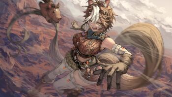 1girl absurdres animal_ear_fluff animal_ears boots breasts brown_boots brown_eyes brown_fur brown_gloves brown_hair brown_shirt brown_shorts commission cropped_shirt endroll00 frown gloves hair_between_eyes highres horse_ears horse_girl horse_tail large_breasts multicolored_hair multiple_boys open_mouth outdoors reaching reaching_towards_viewer second-party_source shirt shorts skeb_commission tail teeth thighhighs tomoe_umari tomoe_umari_(1st_costume) tongue umarmy_(tomoe_umari) v-dere virtual_youtuber white_hair white_thighhighs