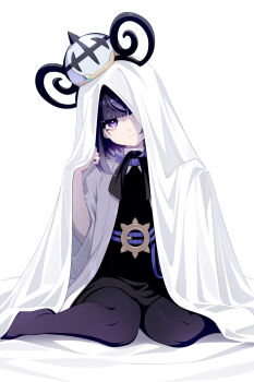 1girl 7dango7 absurdres bed_sheet belt black_dress black_hair black_pantyhose breasts coat dress grey_hat gwynn_(pokemon) hat highres long_sleeves looking_at_viewer nintendo pantyhose pokemon pokemon_legends:_z-a purple_eyes short_hair small_breasts solo white_coat