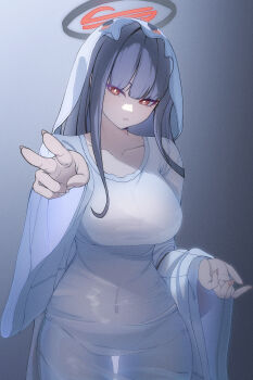 1girl absurdres bad_id bad_pixiv_id black_hair blue_archive breasts commentary_request covered_navel ghost_costume halo highres hipo4333 large_breasts long_hair looking_at_viewer red_eyes ringed_eyes rio_(blue_archive) simple_background solo v veil