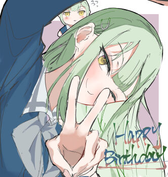 Rule 34 | 1girl, bang dream!, bang dream! it's mygo!!!!!, blue shirt, border, closed mouth, commentary, green hair, grey neckerchief, hair ornament, hairclip, happy birthday, hashtag-only commentary, highres, lilachinami, long hair, neckerchief, outside border, shirt, upper body, v, wakaba mutsumi, wakaba mutsumi (doll), white border