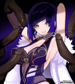 Rule 34 | 1girl, 5boys, blush, breasts, dark-skinned male, dark skin, genshin impact, green eyes, highres, multiple boys, penis, purple hair, rezodwel, uncensored, yelan (genshin impact)