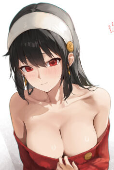 1girl absurdres bare_shoulders black_hair blush breasts cleavage collarbone commentary_request dress earrings eiyuo hairband highres jewelry large_breasts long_hair looking_at_viewer red_sweater simple_background solo spy_x_family sweater sweater_dress upper_body white_background white_hairband yor_briar