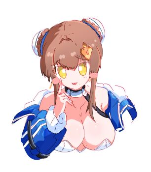 1girl bare_shoulders black_choker blue_jacket blush braid braided_bun breasts brown_hair bun_cover chaos_zero_nightmare choker cleavage collar cropped_torso double_bun hair_bun highres huge_breasts jacket mole mole_on_breast mole_under_mouth off_shoulder piercing short_hair_with_long_locks solo strapless tongue_piercing white_background yellow_eyes yuki_(chaos_zero_nightmare) zaruno_21
