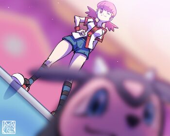 1girl ;) blue_shorts blurry blurry_foreground closed_mouth full_body gen_2_pokemon hair_ornament hairclip hand_on_own_hip highres kyonart looking_at_viewer miltank nintendo one_eye_closed pink_eyes pink_hair pokemon pokemon_(creature) pokemon_hgss shirt short_shorts shorts smile socks striped_clothes striped_socks twintails white_shirt whitney_(pokemon)