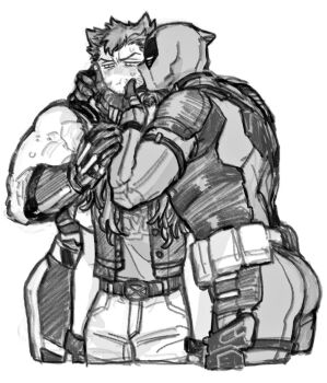 1girl 2boys bara belt between_pectorals bodysuit boy_sandwich chest_hair closed_mouth couple deadpool deadpool_&amp;_wolverine deadpool_(series) dishing facial_hair gloves hand_on_another's_face height_difference highres laura_kinney long_hair looking_to_the_side marvel marvel mask monochrome multiple_boys muscular muscular_male pants pectorals sandwiched shirt short_hair short_sleeves simple_background sleeveless superhero_costume sweatdrop veins veiny_arms wolverine_(x-men) x-23 x-men yaoi