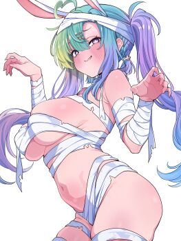 1girl absurdres ahoge animal_ears ass bandaged_arm bandaged_chest bandaged_head bandaged_leg bandaged_torso bandages blue_hair blush breasts green_hair grin hair_between_eyes hair_ornament highres hololive large_breasts long_hair mekato multicolored_hair naked_bandage naughty_face navel purple_eyes purple_hair rabbit_ears rabbit_girl simple_background smile solo twintails usada_pekora very_long_hair white_background