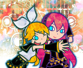 2girls arm_up belt bemani black_dress black_pants black_sailor_collar blonde_hair bow bowtie dress headphones hug kagamine_rin karasuuri1230 looking_at_another looking_to_the_side megurine_luka multiple_girls musical_note open_mouth pants pink_hair pop&#039;n_music pop&#039;n_music_(style) sailor_collar sailor_shirt shirt smile vocaloid white_bow white_shirt yellow_belt yellow_bow yellow_bowtie