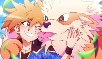 Rule 34 | 1boy, affectionate, arcanine, blonde hair, blue jacket, blue oak, blue oak (sygna suit), blurry, blush, brown eyes, cloud, commentary request, day, depth of field, falling leaves, gen 1 pokemon, grin, hand up, highres, inglebard, jacket, jewelry, leaf, licking, licking another's face, male focus, necklace, nintendo, official alternate costume, outdoors, pokemon, pokemon masters ex, shirt, short hair, sky, smile, spiked hair, teeth, upper body, wristband