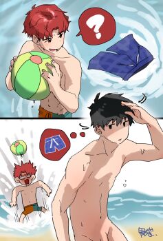 2boys ? beach beach_volleyball black_eyes black_hair highres holding male_focus multiple_boys nude original red_eyes red_hair searching seaside shy surprised sweat swimsuit syokuhin_108 water water_drop