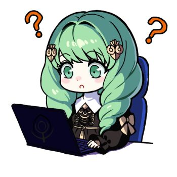 1girl ? chibi chibi_only computer drill_hair fire_emblem fire_emblem:_three_houses flayn_(fire_emblem) garreg_mach_monastery_uniform green_eyes green_hair hair_ornament hairclip laptop long_hair looking_at_object nekomoni nintendo solo twin_drills