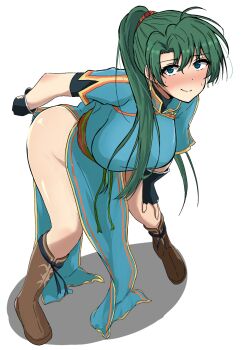 1girl black_gloves blue_dress boots breasts brown_boots dress earrings fingerless_gloves fire_emblem fire_emblem:_the_blazing_blade gloves highres jewelry leaning_forward looking_at_viewer lyn_(fire_emblem) nintendo side_slit smile thighs vankin