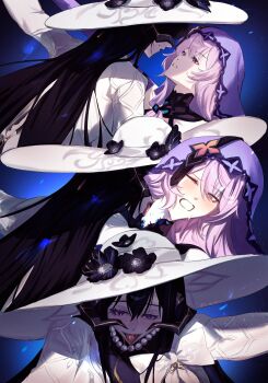 2girls absurdres black_flower black_hair black_swan_(honkai:_star_rail) blue_background blush burning_clothes commentary dancing demon_girl demon_horns detached_sleeves elisbian english_commentary flower gloves grin hat highres holding_hands honkai:_star_rail honkai_(series) horns licking licking_another's_neck long_hair multiple_girls pink_eyes purple_eyes purple_hair shaded_face smile sun_hat tattoo the_dahlia_(honkai:_star_rail) tongue_tattoo veil very_long_hair