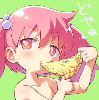 1girl biting biting_clothes blush bow bow_panties collarbone dot_nose flat_chest green_background hair_bobbles hair_ornament holding holding_panties holding_underwear holding_unworn_clothes loli original panties pepi-ko pink_eyes pink_hair sakurabe_notos simple_background solo star_(symbol) star_in_eye symbol_in_eye twintails underwear yellow_panties