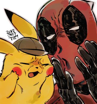 1boy artist_name black_gloves blush_stickers bodysuit brown_headwear closed_eyes clothed_pokemon dam_(okdam3) dated deadpool deadpool_(series) deerstalker detective_pikachu_(character) detective_pikachu_(movie) detective_pikachu_(series) frown gen_1_pokemon gloves hat highres making_faces marvel nintendo open_mouth pikachu pokemon pokemon_(creature) red_bodysuit ryan_reynolds signature simple_background voice_actor_connection white_background wrinkled_frown_(detective_pikachu)