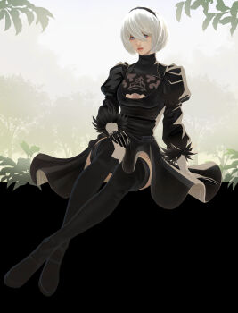 1girl 2b_(nier:automata) arm_support black_boots black_dress black_gloves black_hairband blue_eyes boots bowl_cut branch breasts cleavage_cutout closed_mouth clothing_cutout commentary crossed_ankles dress english_commentary feather-trimmed_sleeves gloves grey_hair hair_between_eyes hairband hand_on_own_knee highres looking_at_viewer medium_breasts mitsuki_nite mole mole_under_mouth nier:automata nier_(series) no_blindfold short_hair sitting solo thigh_boots twitter_username