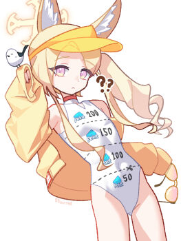 1girl ? ?? absurdres animal_ears artist_name bird bird_on_hand blonde_hair blue_archive closed_mouth commentary_request covered_navel cowboy_shot flat_chest fox_ears fox_girl gacha_(game_mechanic) halo highres holding holding_removed_eyewear jacket long_hair long_sleeves looking_at_viewer one-piece_swimsuit purple_eyes red-tinted_eyewear s9uirrel seia_(blue_archive) seia_(swimsuit)_(blue_archive) side_ponytail simple_background sleeves_past_wrists solo sunglasses swimsuit tinted_eyewear twitter_cutting_game unworn_eyewear visor_cap white_background white_one-piece_swimsuit yellow_halo yellow_jacket yellow_visor
