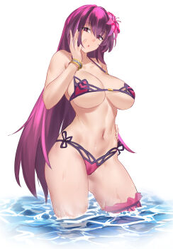 Rule 34 | 1girl, absurdres, bare shoulders, bikini, bracelet, breasts, cleavage, collarbone, das (dan dan), fate/grand order, fate (series), flower, frilled thigh strap, hair between eyes, hair flower, hair ornament, hibiscus, highres, jewelry, large breasts, long hair, looking at viewer, navel, open mouth, purple bikini, purple hair, red eyes, scathach (fate), scathach (fate/grand order), scathach (swimsuit assassin) (fate), solo, swimsuit, thigh strap, thighs, wading, water, wet