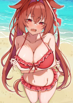 1girl absurdres animal_ears arms_under_breasts bare_shoulders beach bikini blush breasts cleavage collarbone commentary_request crossed_arms daiwa_scarlet_(umamusume) fang groin hair_intakes highres horse_ears horse_girl kneeling large_breasts long_hair looking_at_viewer navel newon open_mouth outdoors red_bikini red_eyes red_hair seaside shiny_skin skin_fang solo swimsuit tongue umamusume very_long_hair