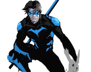 1boy bat_signal batman_(series) batman_symbol black_bodysuit blue_mask bodysuit dc_comics dexter_soy dick_grayson highres male_focus nightwing simple_background solo superhero_costume