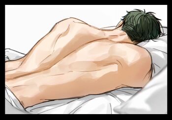 1boy back back_focus bed_sheet black_border border commentary green_hair haikyuu!! highres male_focus nape nude on_bed pillow sil_baswaste simple_background solo ushijima_wakatoshi white_background