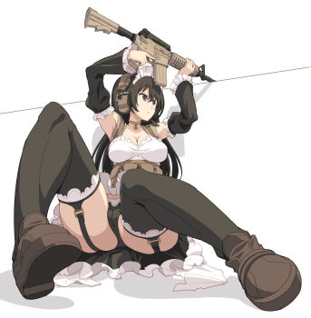 1girl assault_rifle black_eyes black_hair black_panties black_thighhighs breasts brown_shoes bulletproof_vest cameltoe cleavage closed_mouth dress earmuffs frilled_dress frilled_sleeves frills full_body garter_belt gun hair_between_eyes highres holding holding_gun holding_weapon large_breasts long_hair looking_to_the_side maid maid_headdress original panties pinaxpinakes rifle shadow shoes simple_background solo thighhighs unconventional_maid underwear weapon white_background white_headdress