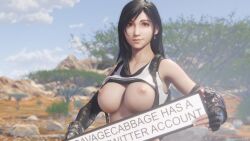 1girl 3d absurdres animated black_hair bouncing_breasts breasts clothes_lift final_fantasy final_fantasy_vii final_fantasy_vii_remake fingerless_gloves fourth_wall gloves greeting hand_on_own_hip highres hitchhiking large_breasts legs lifting_own_clothes looking_at_viewer midriff navel nipples presenting promotional_art red_eyes savagecabbage seductive_smile shirt_lift skirt smile solo square_enix suspenders tagme tank_top thighs thumbs_up tifa_lockhart toned video