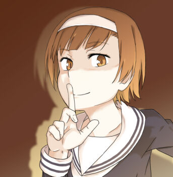 1girl a_certain_high_school_uniform black_shirt brown_background brown_eyes brown_hair closed_mouth commentary_request finger_to_mouth hairband hand_up index_finger_raised long_sleeves looking_at_viewer mob_(toaru_majutsu_no_index) monochrome_background sailor_collar school_uniform serafuku shirt short_hair shushing simple_background smile solo toaru_majutsu_no_index upper_body white_hairband white_sailor_collar winter_uniform yakutashi