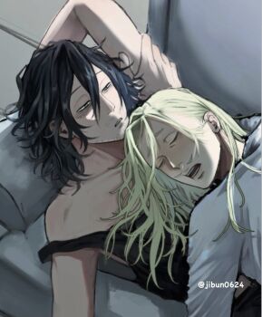 2boys aizawa_shota black_hair black_tank_top blonde_hair boku_no_hero_academia couch facial_hair hair_between_eyes indoors jibun0624 lying male_focus messy_hair multiple_boys mustache on_back on_couch open_mouth parted_lips present_mic scar scar_on_face sleeping sleeping_on_person sparse_stubble tank_top teeth twitter_username yaoi