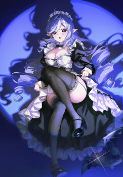 1girl alternate_costume black_dress black_thighhighs blush breasts cleavage dress drill_hair drill_sidelocks enmaided hairband high-low_dress highres knee_up maid medium_breasts mole mole_under_eye open_mouth pointy_ears red_eyes sidelocks skirt_hold solo spotlight thighhighs thighs twin_drills vivian_banshee white_hairband zenless_zone_zero zuco