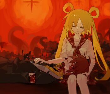 1boy 1girl anonymous1203 bandaged_arm bandages black_necktie black_suit blonde_hair blood blood_on_face closed_eyes epic_battle_fantasy formal_clothes hair_rings hat highres hikari_(epic_battle_fantasy) injury jacket lance_(epic_battle_fantasy) long_hair lying necktie on_back outdoors red_hair red_sailor_collar red_skirt red_sky red_theme ruins sailor_collar school_uniform serafuku shirt short_hair sitting skirt sky suit tentacles yellow_shirt