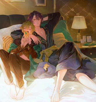 2boys absurdres arm_around_shoulder arm_behind_head arm_up aventurine_(honkai:_star_rail) azsxstar barefoot bed black_pajamas black_robe blonde_hair blue_hair cellphone chest_of_drawers collarbone commentary crossed_legs desk_lamp dr._ratio_(honkai:_star_rail) hair_between_eyes highres holding holding_phone honkai:_star_rail honkai_(series) indoors lamp lapels long_sleeves looking_at_phone looking_to_the_side male_focus midriff multiple_boys pajamas parted_hair phone pillow robe sash short_hair symbol-only_commentary yaoi yellow_sash