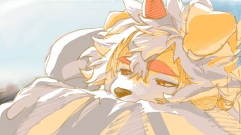 1boy animal_ears arknights commentary english_commentary furry furry_male half-closed_eyes head_on_arm horns hung_(arknights) liankaoshasi looking_to_the_side male_focus mythological_creature orange_eyes single_horn upper_body white_hair