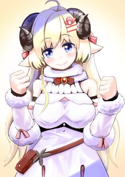 1girl absurdres ahoge animal_ears blonde_hair closed_mouth dress fur-trimmed_dress fur_trim hair_ornament hairpin highres hololive horns kajimakoto purple_eyes sheep_ears sheep_girl sheep_horns smile solo tsunomaki_watame tsunomaki_watame_(1st_costume) virtual_youtuber white_background white_dress