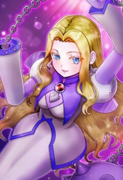 1girl ball_and_chain_(weapon) blonde_hair blue_eyes breasts cross_fusion dress earrings jewelry kiwakiwa knightman.exe long_hair medium_breasts mega_man_(series) mega_man_battle_network_(anime) mega_man_battle_network_(series) princess_pride_(mega_man) purple_background skirt solo spiked_ball_and_chain weapon white_dress white_skirt