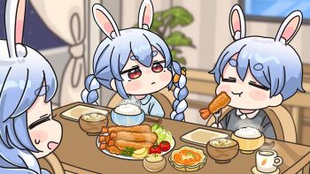 Rule 34 | 1boy, 2girls, :d, :t, animal ear fluff, animal ears, black sweater, blue hair, blue shirt, blurry, blurry background, blush stickers, bowl, braid, brother and sister, chair, chibi, chopsticks, closed eyes, closed mouth, collared shirt, cup, curtains, depth of field, eating, food, fork, holding, holding fork, hololive, indoors, mochimiko, mother and daughter, mother and son, mug, multicolored hair, multiple girls, on chair, open mouth, pekomama, plate, rabbit ears, red eyes, rice, rice bowl, shirt, short eyebrows, shrimp, shrimp tempura, siblings, sitting, small sweatdrop, smile, steam, sweat, sweater, table, tempura, thick eyebrows, twin braids, twintails, two-tone hair, usada pekora, virtual youtuber, wavy mouth, white hair, white shirt, window