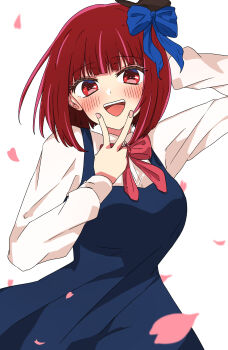1girl absurdres arima_kana blue_bow blue_dress blush bow bowtie commentary_request dress falling_petals hair_bow highres long_sleeves looking_at_viewer open_mouth oshi_no_ko partial_commentary petals pinafore_dress pink_bow pink_bowtie red_eyes red_hair shirt simple_background sleeveless sleeveless_dress solo teeth upper_teeth_only urishima v v_over_mouth white_background white_shirt
