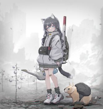 1girl absurdres animal animal_ears aqua_eyes backpack bag bandaid bandaid_on_knee bandaid_on_leg black_hair cat_ears cat_girl cat_tail full_body gun highres jacket long_hair looking_at_viewer loose_socks oota_youjo original outdoors parted_lips rifle science_fiction shoes sneakers socks tail watering_can weapon
