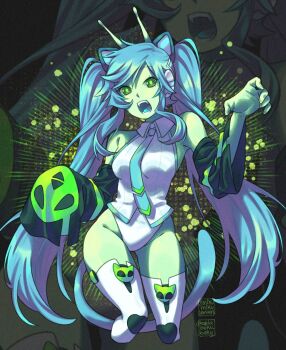 1girl alien_print animal_ears antennae aqua_eyes ariamikukanzaki blue_hair breasts cat_ears cat_tail collared_shirt colored_skin commentary cropped_legs detached_sleeves glorpi_miku_(dyarikku) green_eyes green_skin hatsune_miku headset highres leotard long_hair medium_breasts shirt signature sleeves_past_fingers sleeves_past_wrists solo tail twintails very_long_hair vocaloid white_background white_leotard zoom_layer