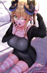 Rule 34 | 1girl, absurdres, arm up, bed, black bow, black camisole, black horns, black jacket, black shorts, blonde hair, blush, bow, breasts, camisole, cleavage, collarbone, commentary request, commission, glasses, green eyes, hair bow, hair ornament, hand up, heart, heart hair ornament, highres, horizontal-striped thighhighs, horn bow, horn ornament, horns, indie virtual youtuber, jacket, lace trim, long hair, looking at viewer, on bed, one eye closed, open mouth, pillow, pink thighhighs, pointy ears, shorts, sitting, skeb commission, skindentation, solo, striped clothes, striped thighhighs, teeth, thighhighs, toeless legwear, twitter username, two side up, virtual youtuber, wariza, white thighhighs, yawning, yayoi maka, yumemi eruno