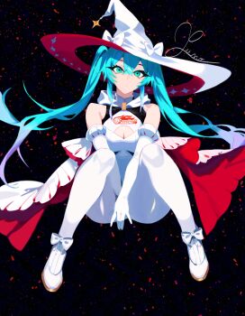 1girl absurdres aqua_eyes bare_shoulders black_background blue_hair bodysuit bow breasts cleavage cleavage_cutout closed_mouth clothing_cutout commentary covering_crotch covering_privates crossed_bangs double-parted_bangs elbow_gloves english_commentary footwear_bow full_body gloves goodsmile_company goodsmile_racing hair_between_eyes hat hat_bow hatsune_miku highres junoelise161 long_hair looking_at_viewer medium_breasts racing_miku racing_miku_(2024) solo twintails vocaloid white_bodysuit white_bow white_gloves white_hat witch_hat