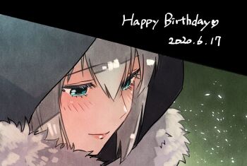 1girl aqua_eyes black_hood close-up commentary_request dated fate_(series) fur_trim gray_(fate) grey_hair happy_birthday kawabata_arata lord_el-melloi_ii_case_files portrait profile smile solo