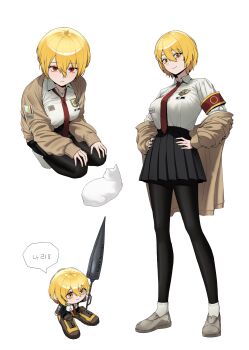 1girl absurdres armband black_coat black_pantyhose black_skirt blonde_hair blush breasts brown_jacket brown_shoes cat chibi co_duck coat collared_shirt commentary don_quixote_(project_moon) from_above from_below hair_between_eyes highres holding holding_polearm holding_weapon jacket jacket_partially_removed limbus_company looking_at_viewer medium_breasts necktie open_clothes open_jacket pantyhose pleated_skirt polearm project_moon red_eyes red_necktie rocinante_(project_moon) sancho_(project_moon) school_uniform shirt shoes skirt smile socks speech_bubble squatting standing translation_request weapon white_background white_cat white_shirt white_socks yellow_eyes
