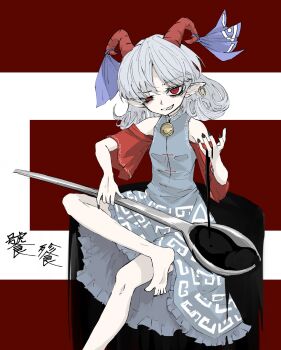 1girl aizettonagi bags_under_eyes barefoot bell black_nails blue_dress breasts china_dress chinese_clothes collared_dress crossed_legs dress earrings grey_hair grin highres horn_ornament horn_ribbon horns jewelry liquid nail_polish pointy_ears purple_ribbon red_eyes red_horns ribbon sharp_teeth sheep_horns short_hair sitting sleeveless sleeveless_dress small_breasts smile solo teeth touhou toutetsu_yuuma