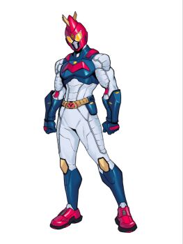 1boy alfonsaurus armor belt blue_armor blue_gloves bodysuit choudenji_machine_voltes_v commentary english_commentary full_body gloves gold_belt helmet highres humanization male_focus red_helmet red_shoes shoes standing superhero_costume tinted_eyewear tokusatsu voltes_v_(mecha) white_bodysuit yellow-tinted_eyewear