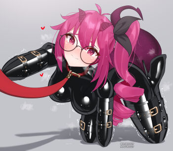 Rule 34 | 1girl, absurdres, bdsm, bitchsuit, black bodysuit, bodysuit, bondage, bondage mittens, bound, breasts, collar, demon girl, demon horns, demon tail, drill hair, drill ponytail, glasses, grey background, high heels, highres, horns, human dog, latex, latex bodysuit, leash, maguro27, medium breasts, original, pet play, purple eyes, purple hair, round eyewear, shiny clothes, side ponytail, skin tight, slave, solo, sweat, tail, trembling, viewer holding leash