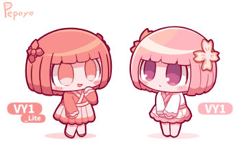 Rule 34 | 2girls, artist name, barefoot, blunt bangs, blunt ends, bob cut, character name, chibi, chibi only, closed mouth, colored skin, commentary request, dual persona, empty eyes, expressionless, eye contact, flower, full body, hair flower, hair ornament, hand up, highres, japanese clothes, kimono, long sleeves, looking at another, multiple girls, no pupils, open mouth, pepoyo, pink eyes, pink hair, pink skin, pink trim, red eyes, red flower, red hair, red kimono, red shoes, shadow, shoes, short hair, simple background, smile, standing, v arms, vocaloid, vy1, white background, white kimono